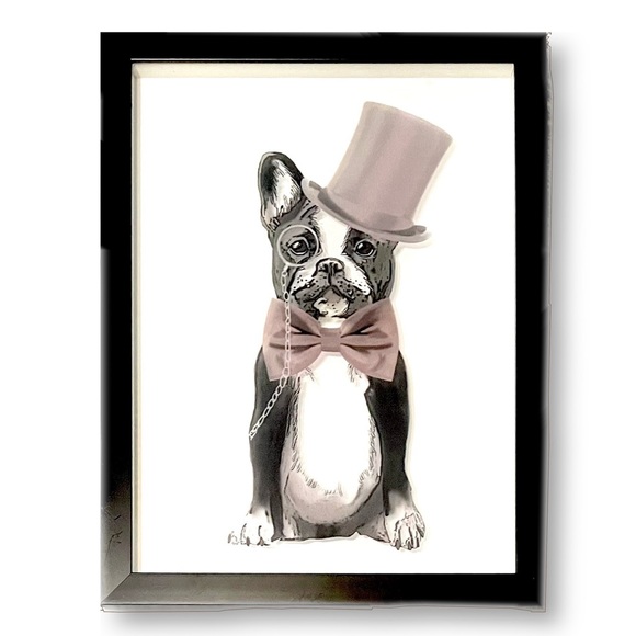 Frenchie Etched Glass Box Frame ◈ Monsieur Dapper Bow Tie Hat - Picture 1 of 4